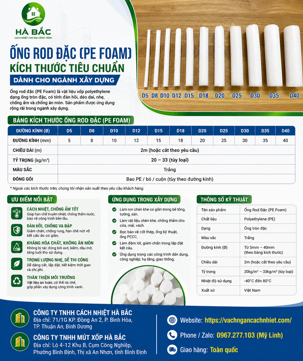 Kích thước ống rod pe foam